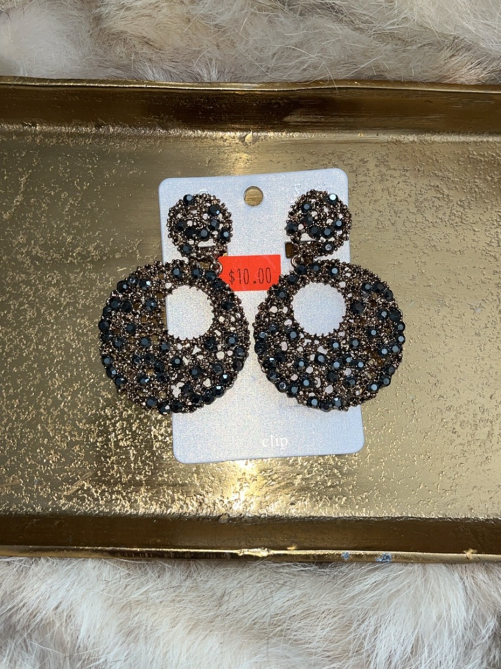 Black Crystal Round Clip-On Statement Earrings